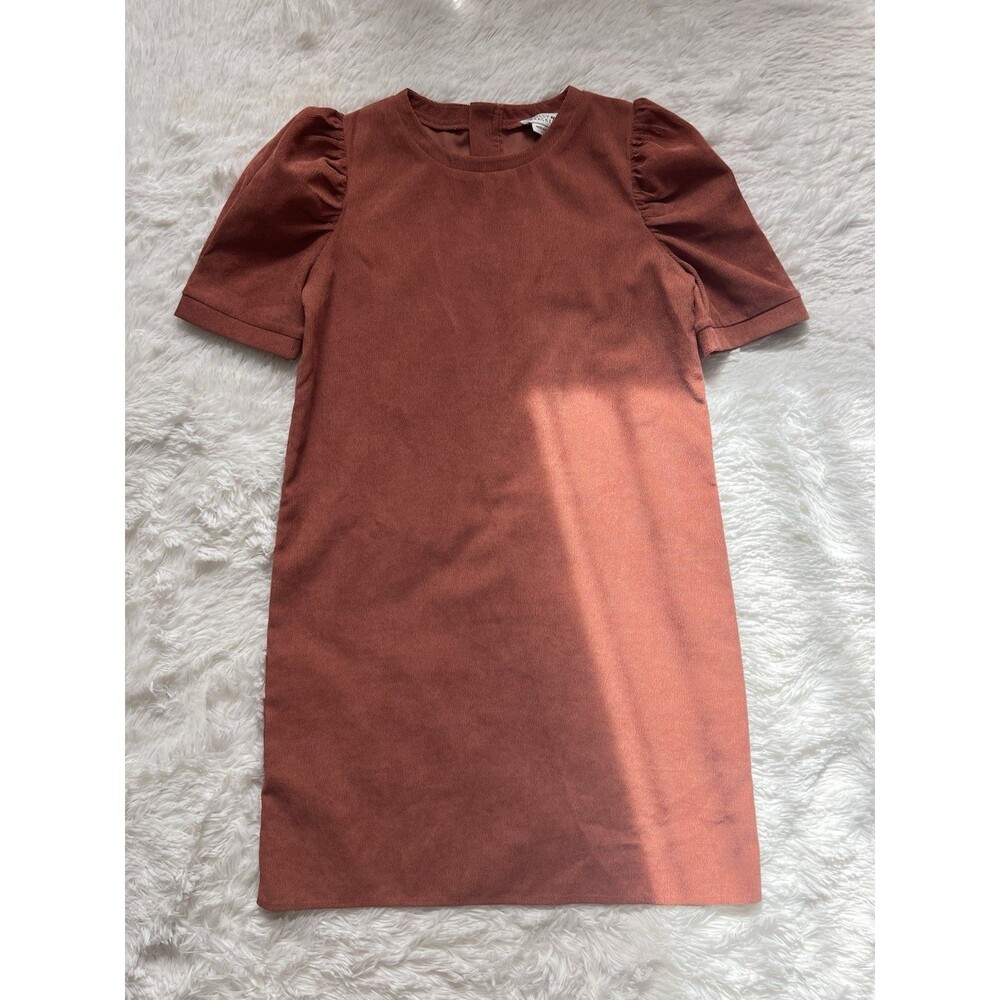 Molly Bracken XS Corduroy Shift Dress Chocolate Brown Puff Sleeve Mini Retro